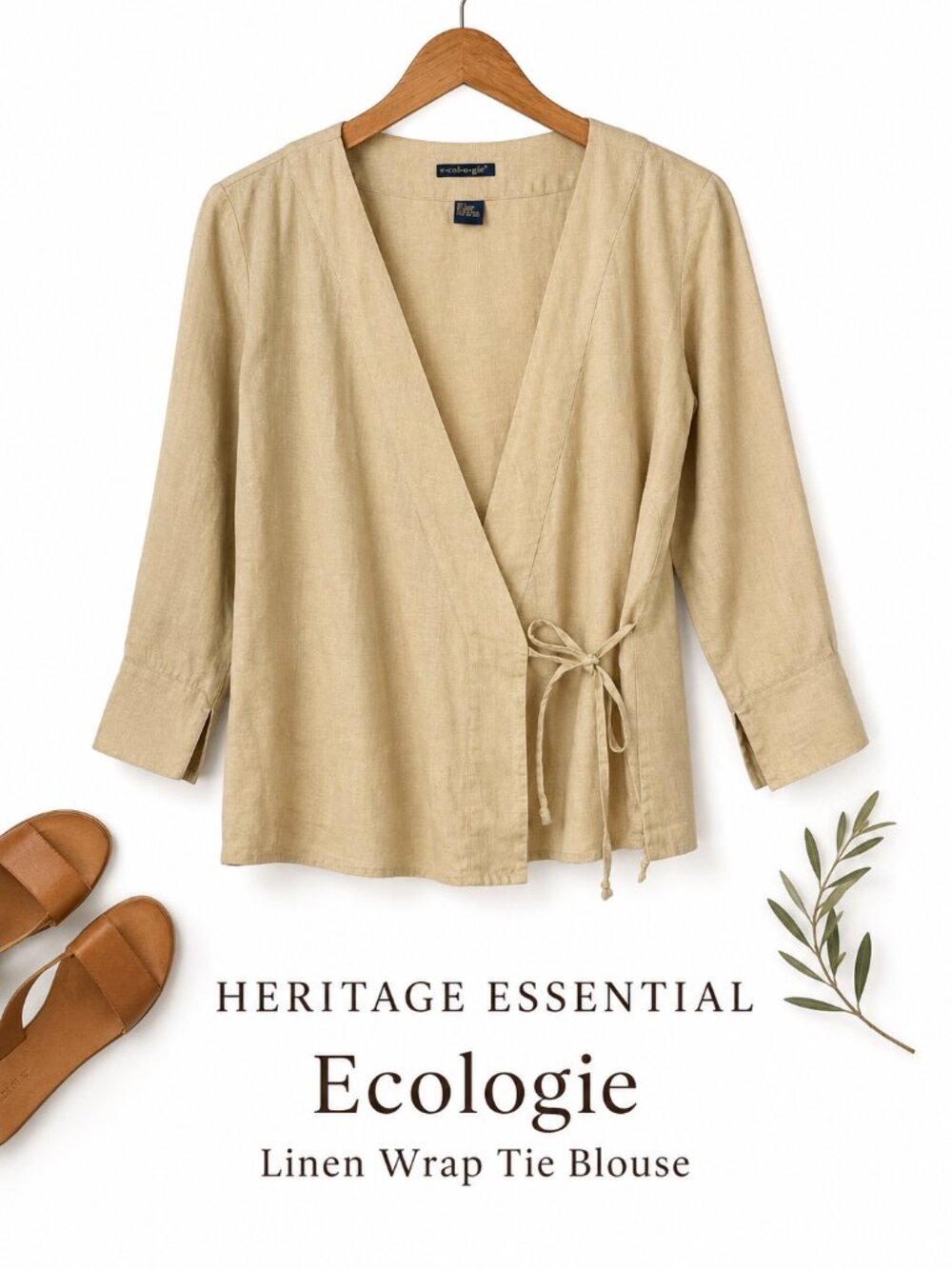 Ecologie 100% Linen Wrap Tie Blouse Beige Neutral Minimalist Top L